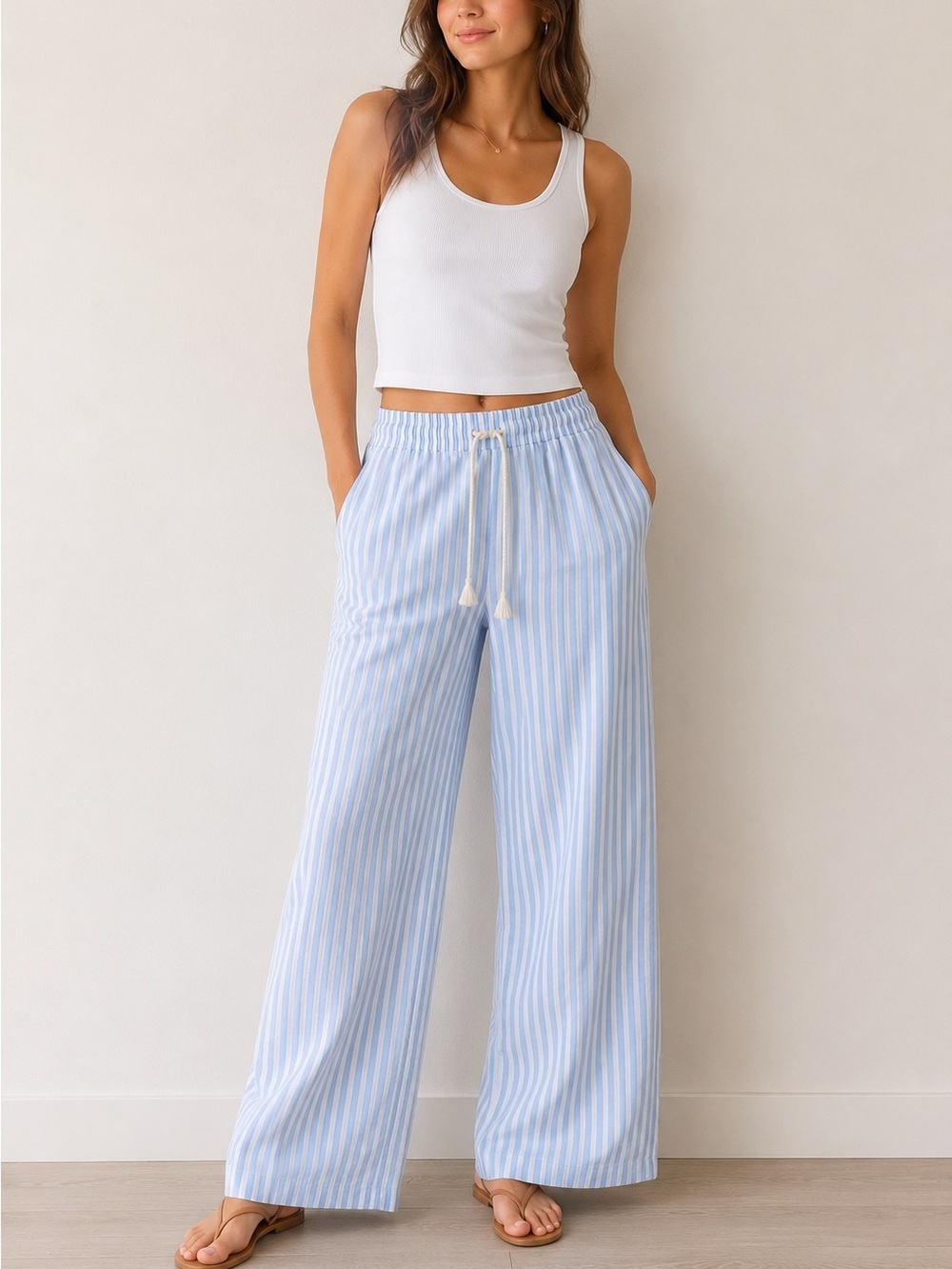 Blue & White Striped Cotton Wide Leg Beach Pants Size Small